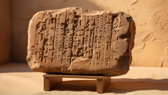 An ancient stone tablet with cuneiform inscriptions from Mesopotamia.